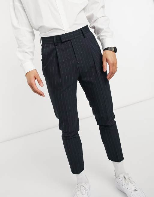 ASOS DESIGN tapered pinstripe smart pants in navy