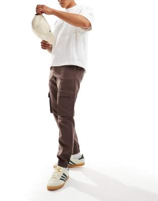 ASOS DESIGN tapered pull on linen cargo pants in washed brown