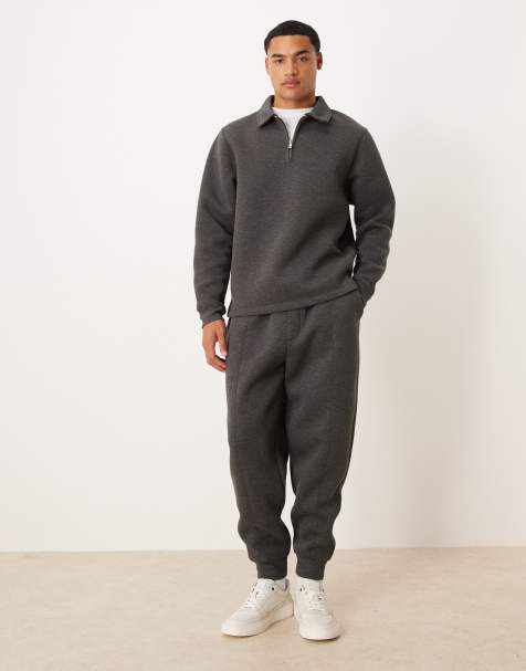 ASOS DESIGN tapered scuba trackies with pintucks in charcoal (part of a set) - view 1