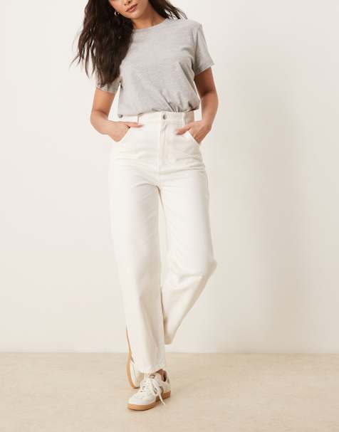 ASOS DESIGN tapered slim leg twill trouser in off white - view 1