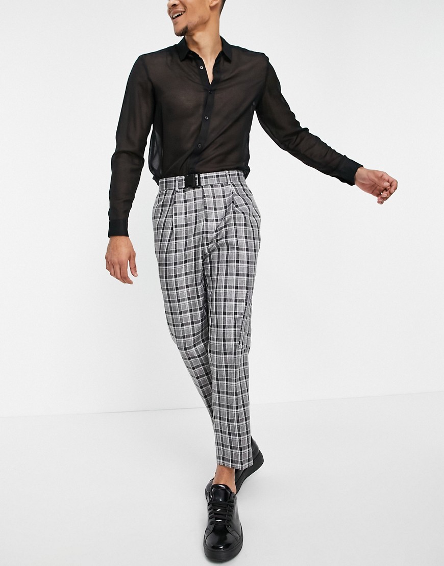 ASOS DESIGN tapered smart cargo pants in gray check with multi pockets-Grey