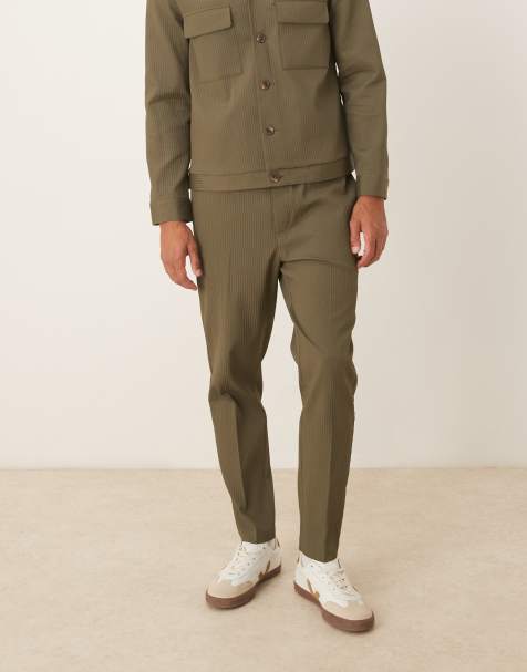 ASOS DESIGN tapered smart co-ord pull on trousers in khaki rib - view 1
