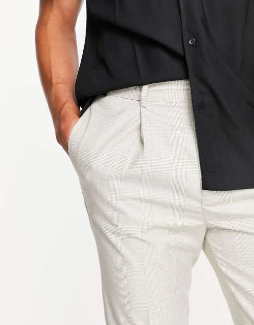 ASOS DESIGN tapered smart linen pants in cream prince of wales