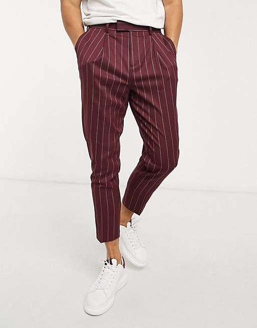 ASOS DESIGN tapered smart pants in burgundy stripe