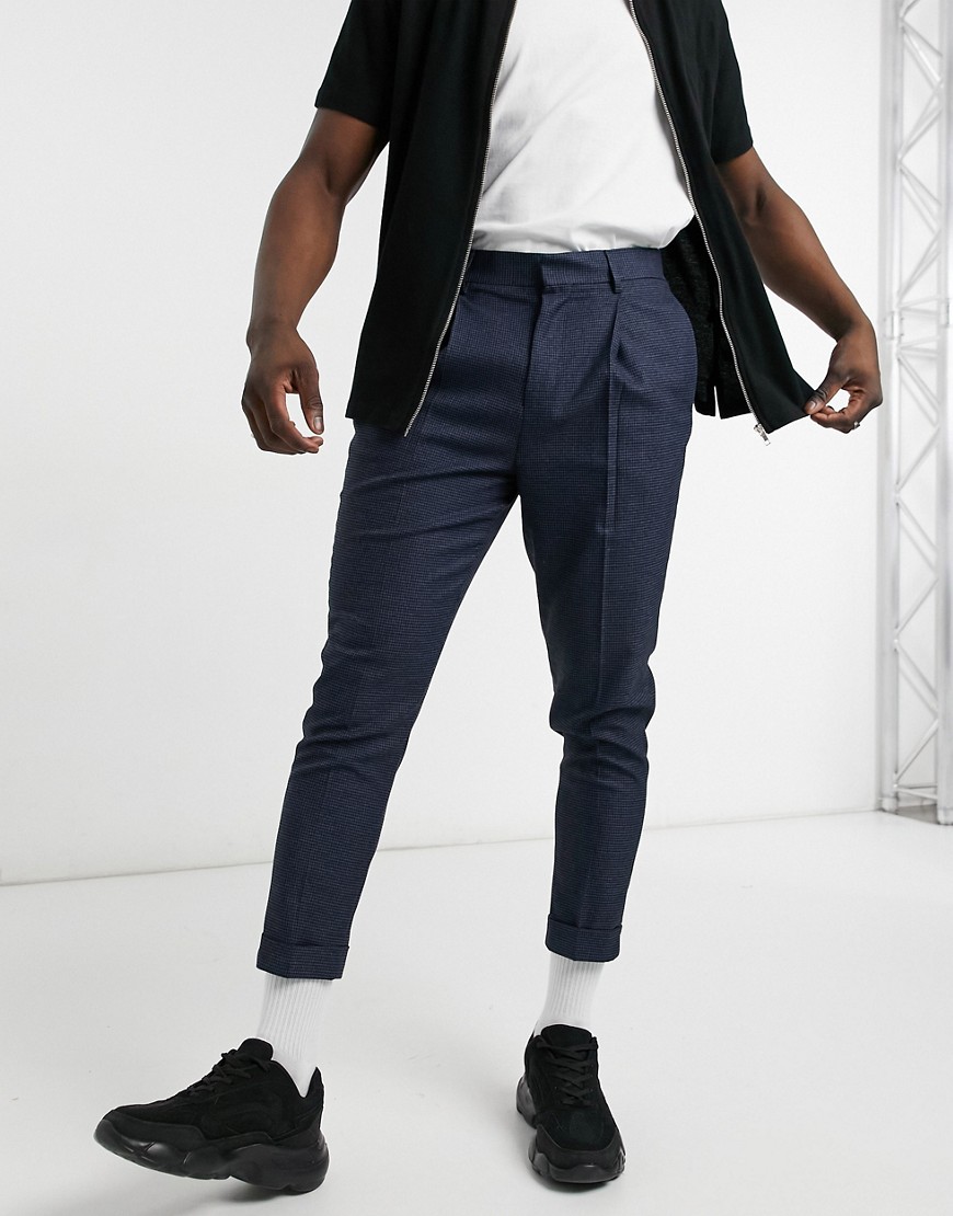 ASOS DESIGN tapered smart pants in dog tooth with turn up-Navy