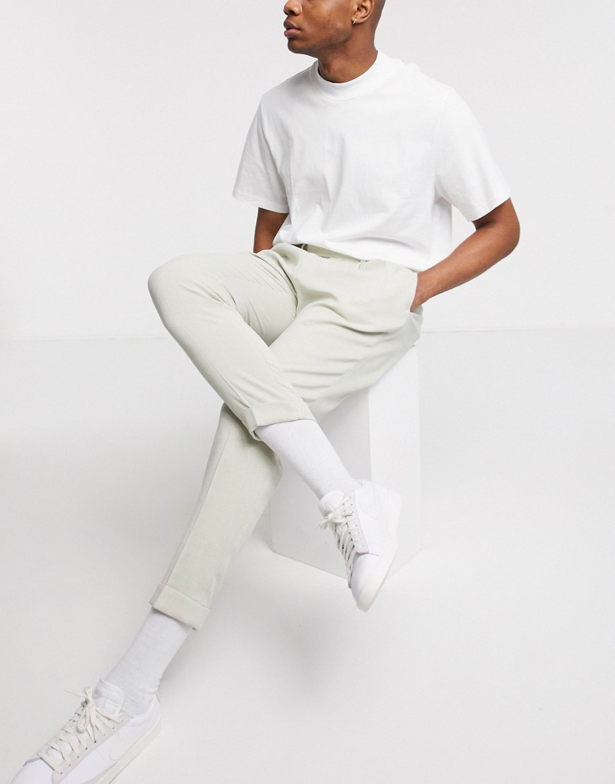 ASOS DESIGN tapered smart pants in gray oxford with pleats and turn up