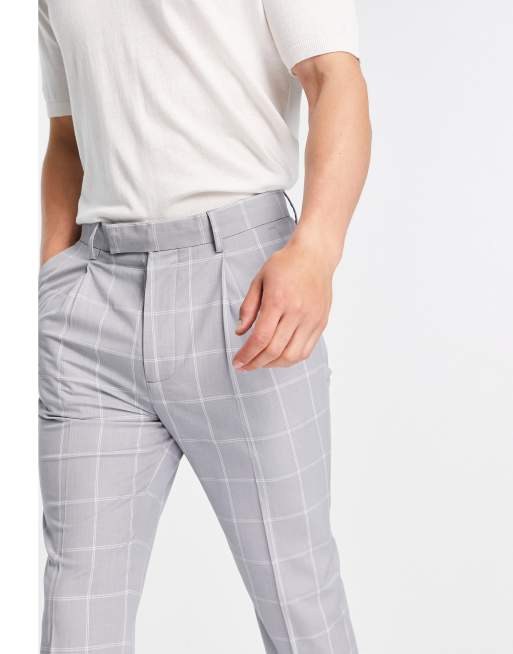 ASOS DESIGN cigarette pants with pleats in gray check