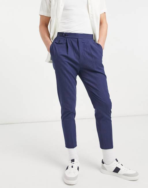 ASOS DESIGN tapered smart pants in navy crinkle linen mix