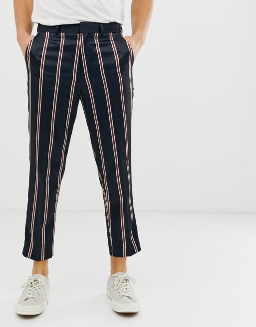 Asos Design Tapered Smart Pants In Navy Satin Stripe Asos