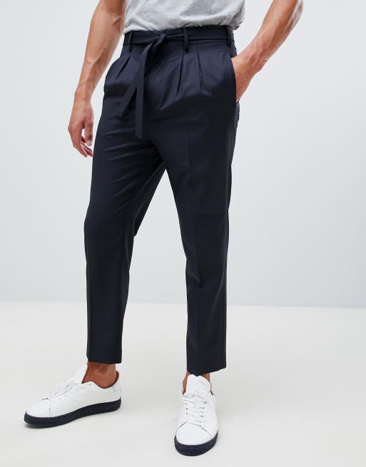 ASOS DESIGN tapered smart pants in navy wool with self tie belt | ASOS