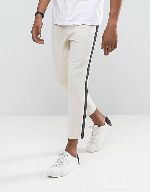 ASOS DESIGN tapered smart pants in putty with charcoal side stripe