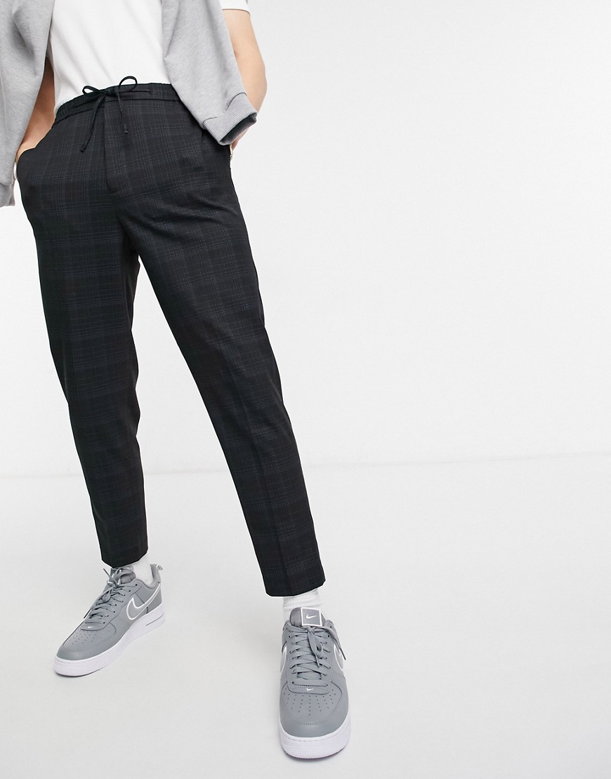 ASOS DESIGN tapered smart pants with drawcord waist in cross hatch-Black