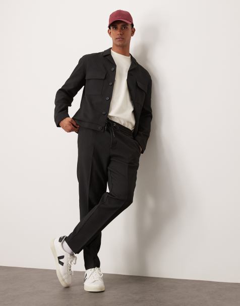 ASOS DESIGN tapered smart pull on pants in black rib (part of a set) - view 1
