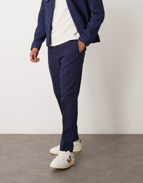 ASOS DESIGN tapered smart pull on pants in navy rib - part of a set - view 1