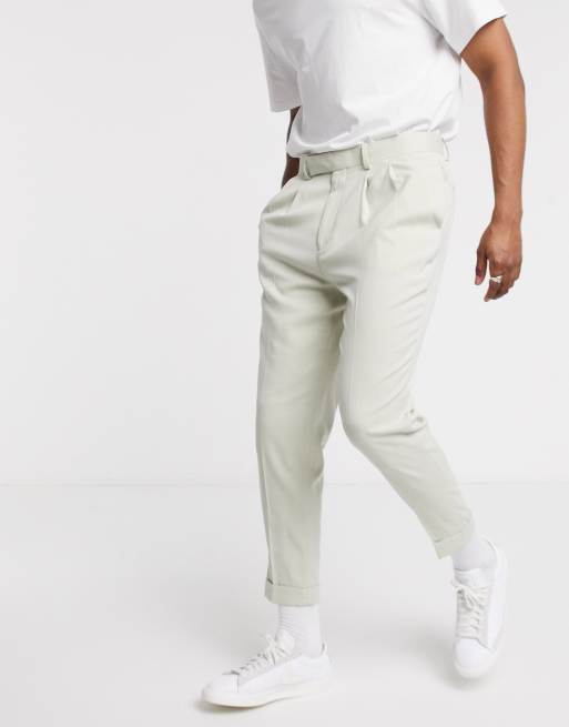 ASOS DESIGN tapered smart trouser in grey oxford with pleats and turn up