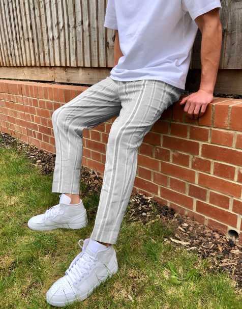 ASOS DESIGN tapered smart trouser in grey stripe linen - view 1