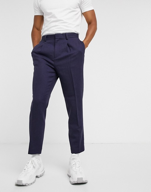 ASOS DESIGN tapered smart trouser in navy and blue wool mix twill