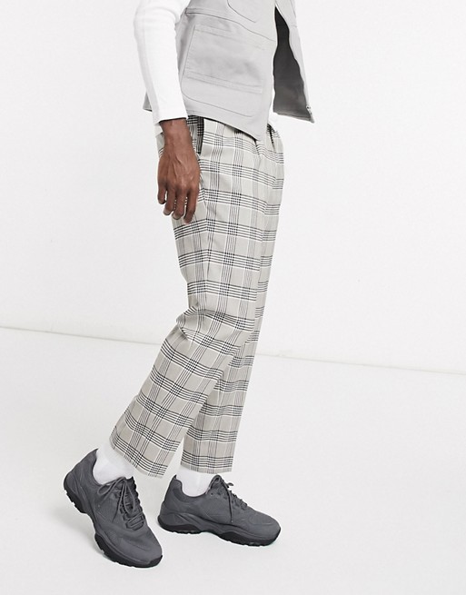 ASOS DESIGN tapered smart trousers in stone check