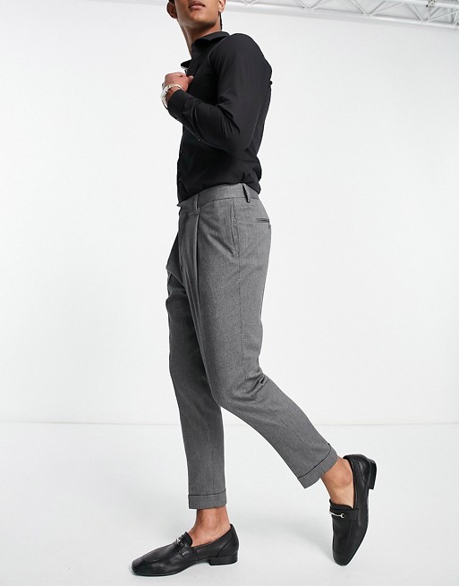 ASOS DESIGN tapered smart trouser in textured with double pleats and turn up