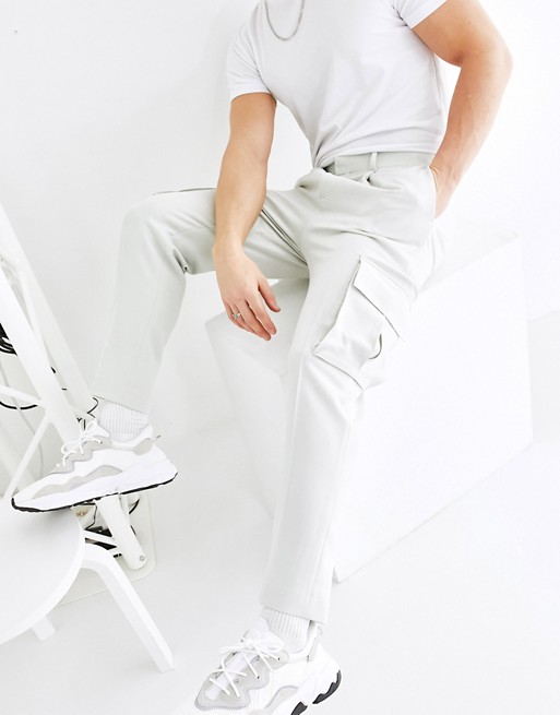 ASOS DESIGN tapered smart trousers with cargo pockets in light grey