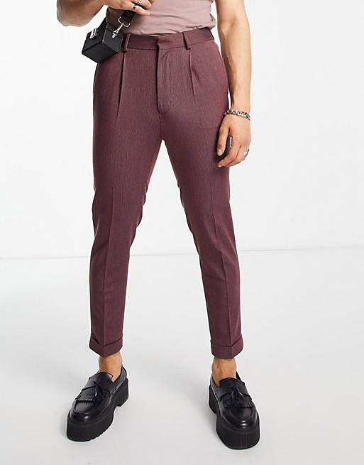 Men tapered smart trousers in burgundy micro texture 