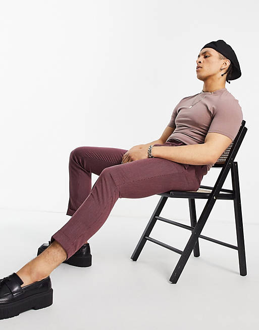 Men tapered smart trousers in burgundy micro texture 