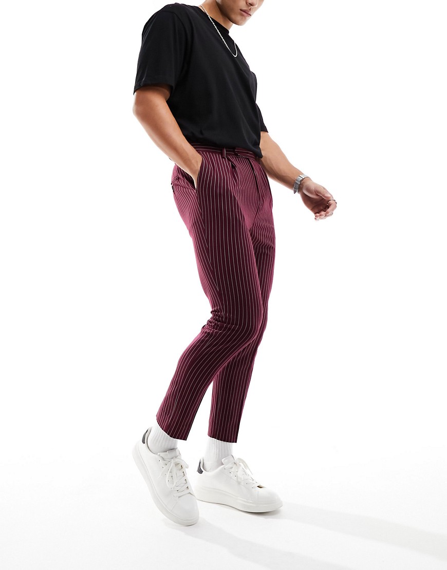 ASOS DESIGN tapered smart trousers in burgundy pin stripe