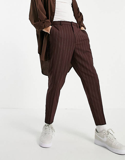 Men tapered smart trousers in burgundy stripe 