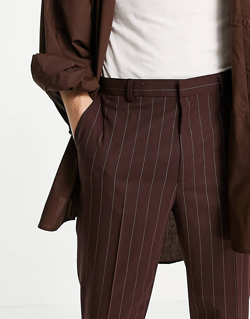 Men tapered smart trousers in burgundy stripe 