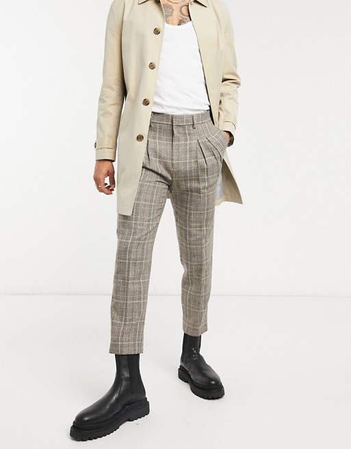ASOS DESIGN tapered cropped smart trousers in check with double pleat