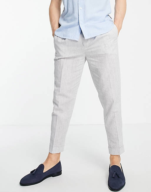 ASOS DESIGN tapered smart trousers in grey stripe linen mix