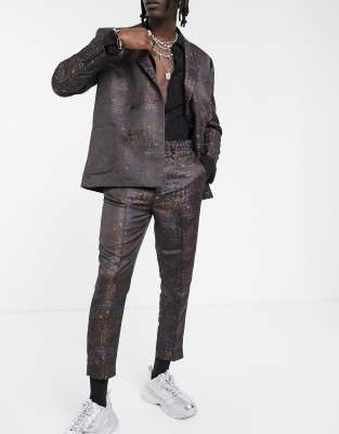 ASOS DESIGN tapered smart trousers in maroon jacquard-Black Black