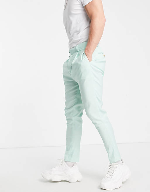 Men tapered smart trousers in mint green linen 
