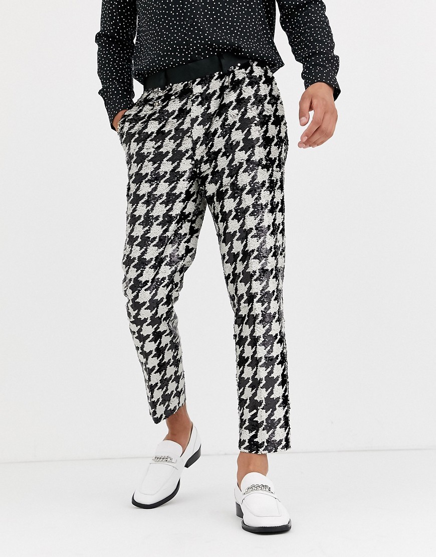 ASOS DESIGN tapered smart trousers in monochrome sequin dog tooth-Black