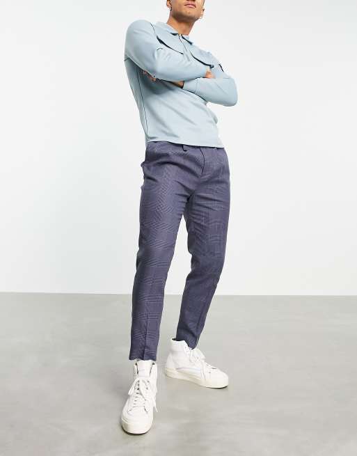 Asos Design Tapered Smart Trousers In Navy Linen Mix Check Asos