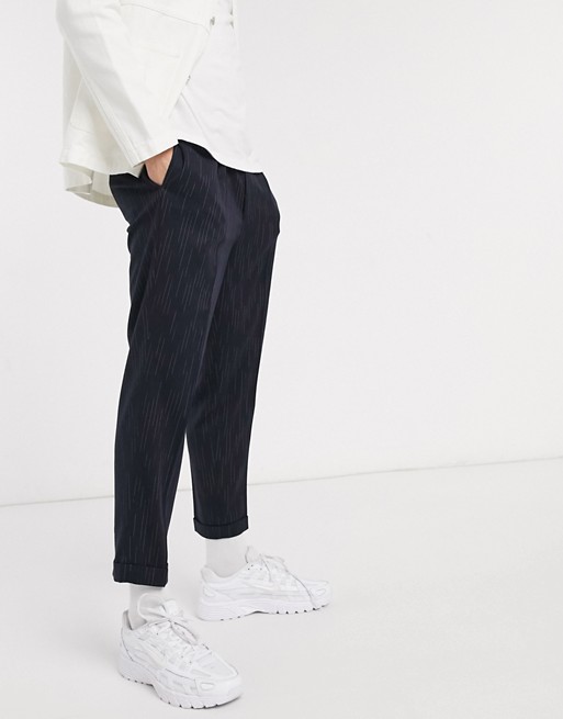 ASOS DESIGN tapered smart trousers in navy stripe with turn up