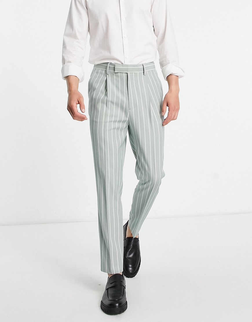asos design tapered smart trousers in sage prep pin stripe-green