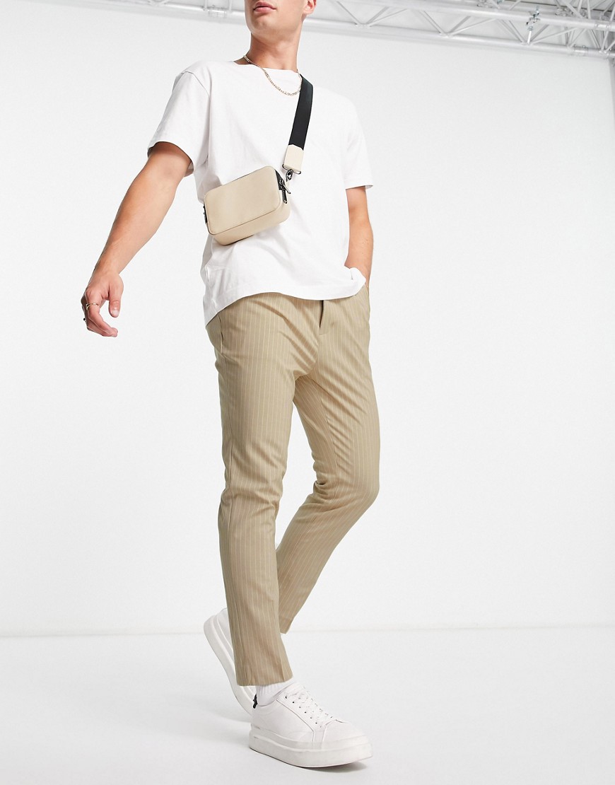ASOS DESIGN tapered smart trousers with stone pin stripe-Neutral