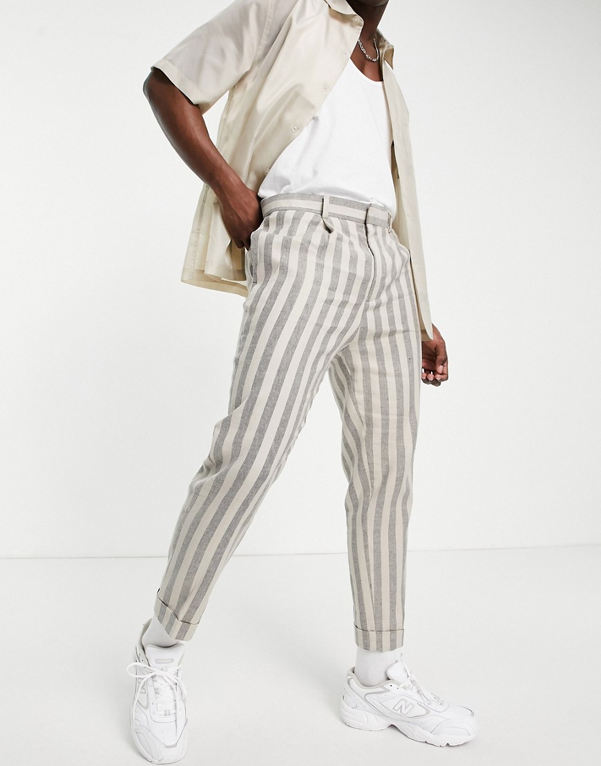 ASOS DESIGN tapered stripe smart pants in ecru linen-Neutral