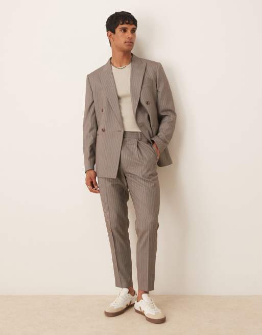 ASOS DESIGN tapered suit jacket in brown pinstripe twill