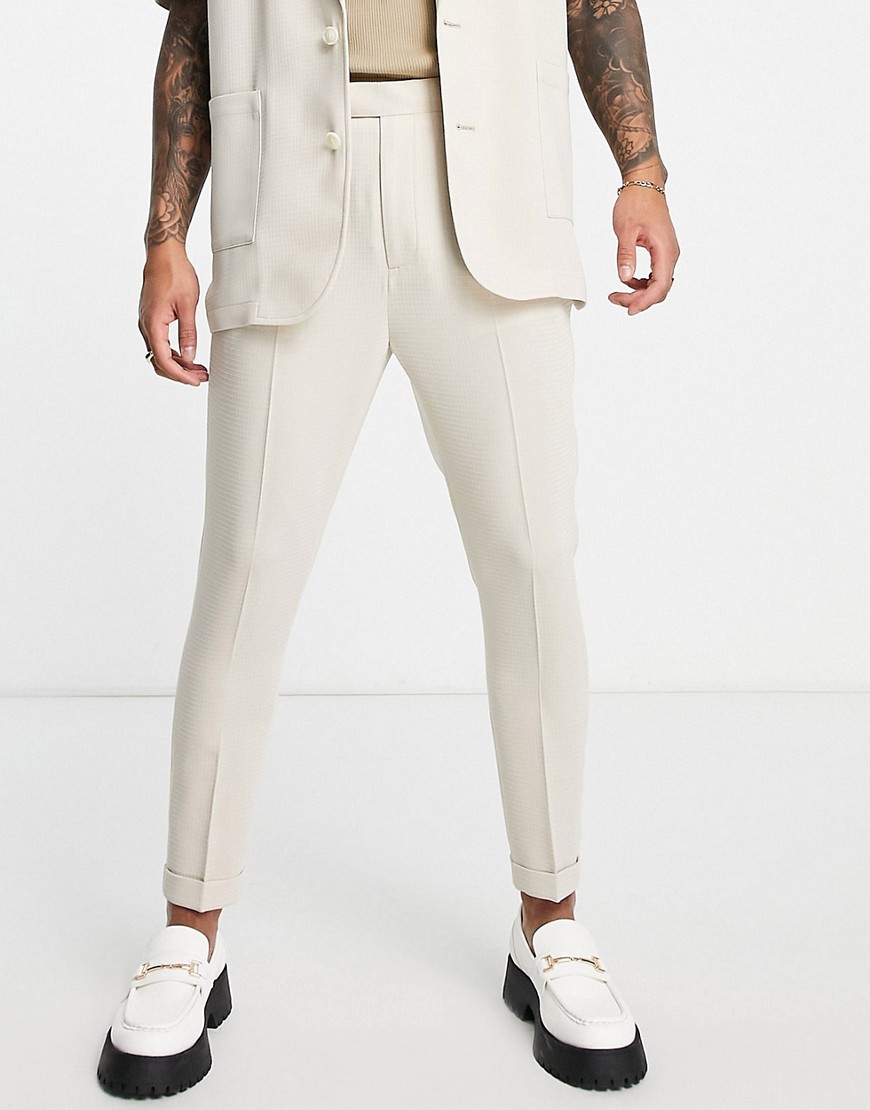 ASOS DESIGN tapered suit pants in beige waffle-Neutral
