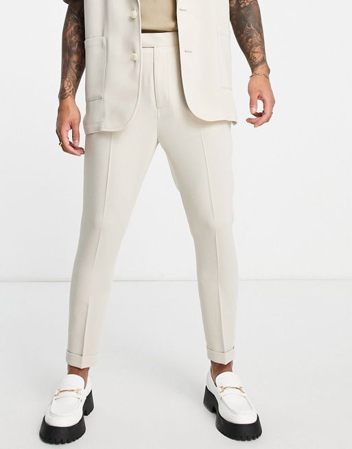 ASOS DESIGN tapered suit pants in beige waffle | ASOS