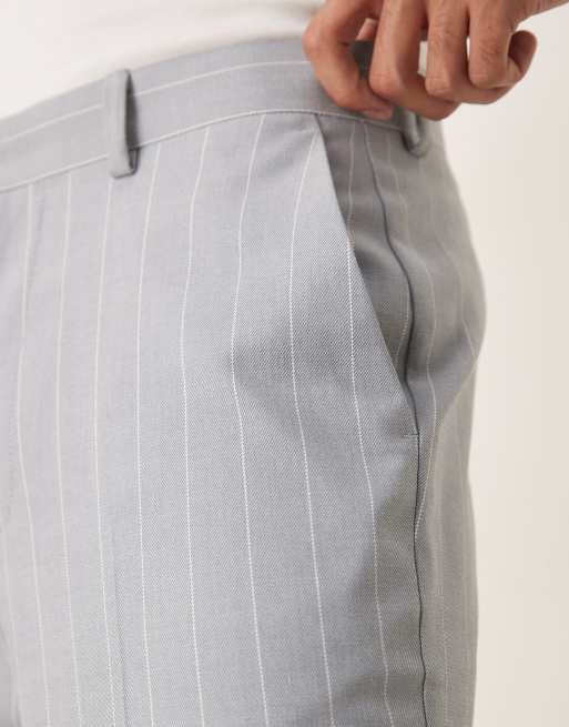 ASOS DESIGN tapered suit pants in blue pinstripe with linen look, 2 of 5