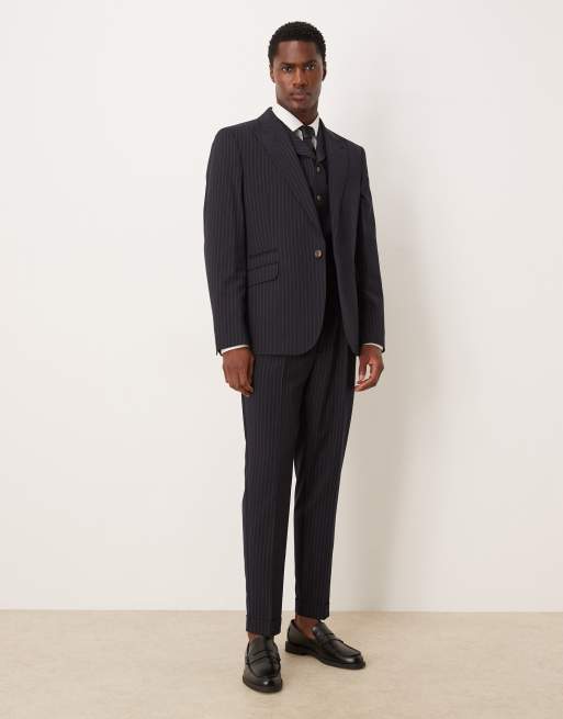 ASOS DESIGN tapered suit pants in navy pinstripe, 2 of 5