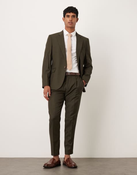 ASOS DESIGN tapered suit pants in olive green heather texture - view 1