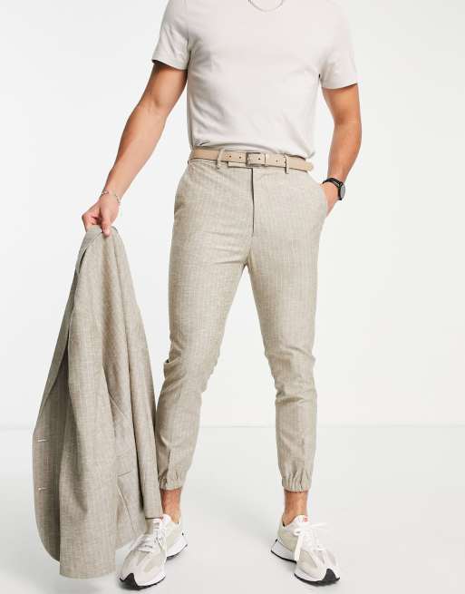 ASOS DESIGN tapered suit pants in stone stripe with jogger cuff ASOS