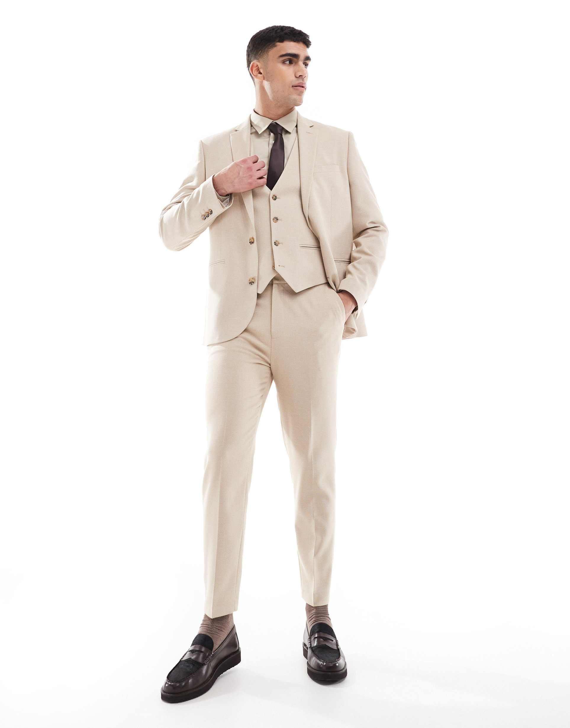 ASOS DESIGN tapered suit pants in textured stone fabric-Neutral
