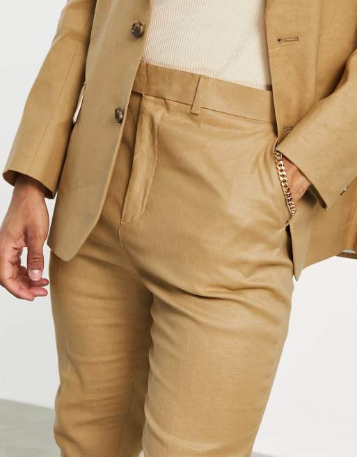 ASOS DESIGN tapered suit pants in tobacco linen mix, 3 of 4