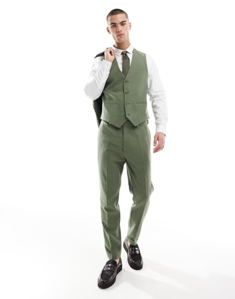 ASOS DESIGN tapered suit pants with wool in green herringbone - view 1