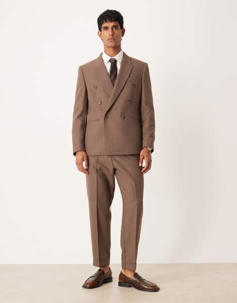 ASOS DESIGN tapered suit pants with wool pinstripe in brown - view 1